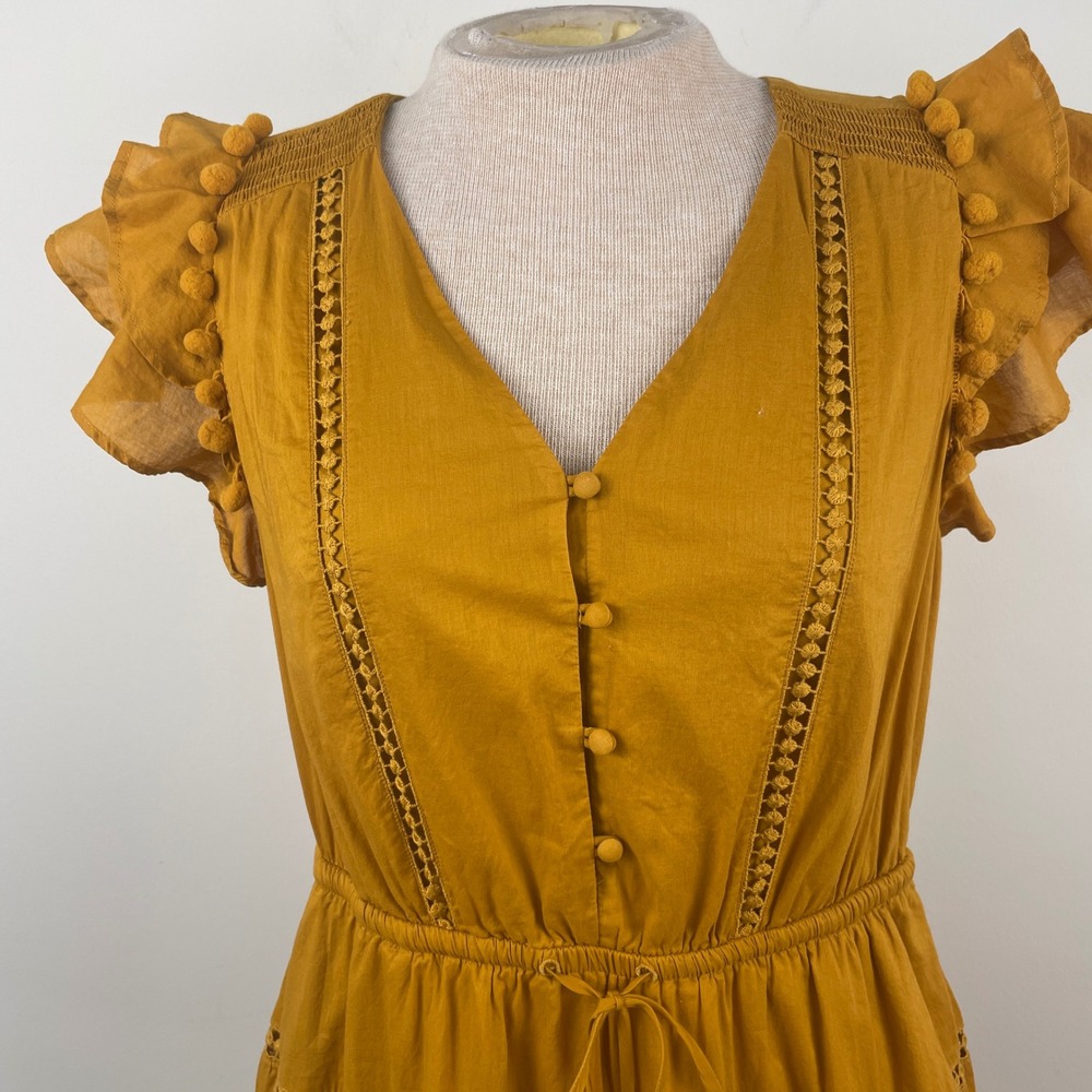 Point Sur J.Crew Mustard Yellow Pom Pom Tiered Midi Dress Womens 8 Cotton Boho - Picture 2 of 13